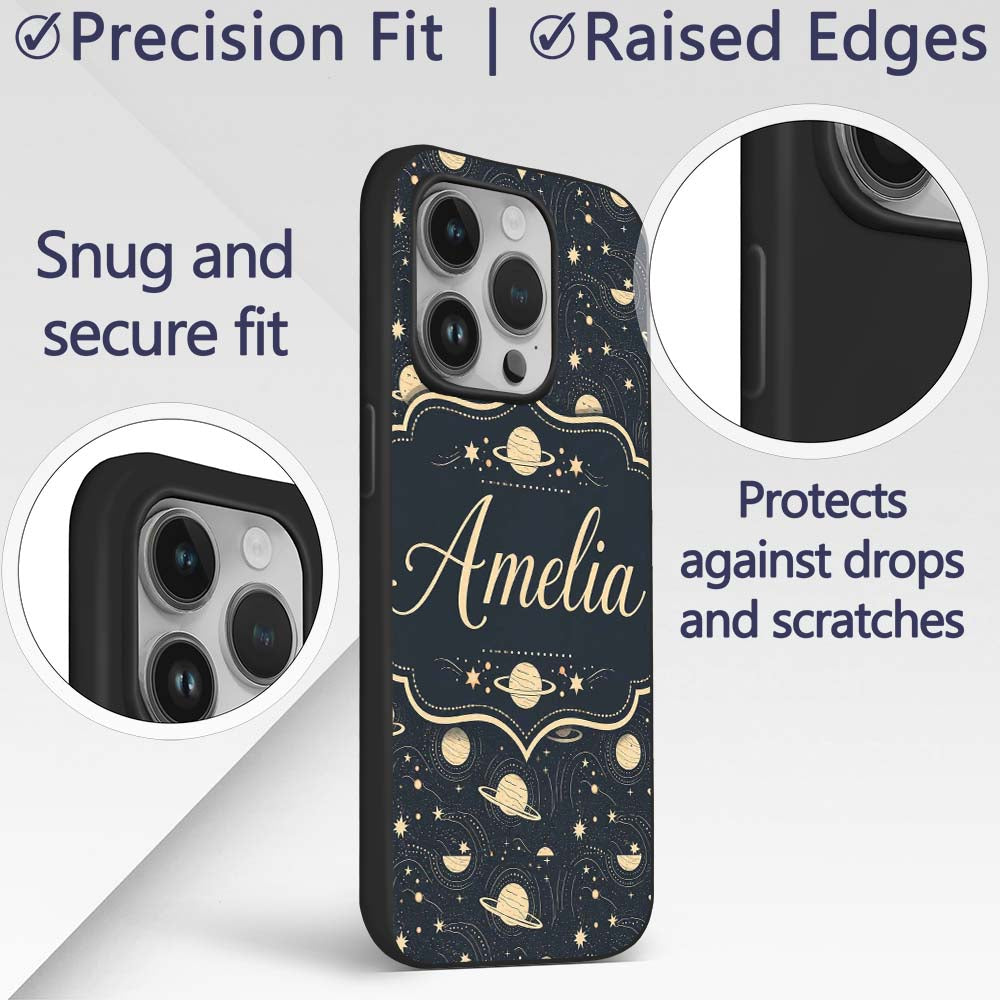 Celestial Planets Stars Orbit Line Art Seamless Custom Name Protective Phone Case Mobile Cover Durable Everyday Smartphone Shock Resistant