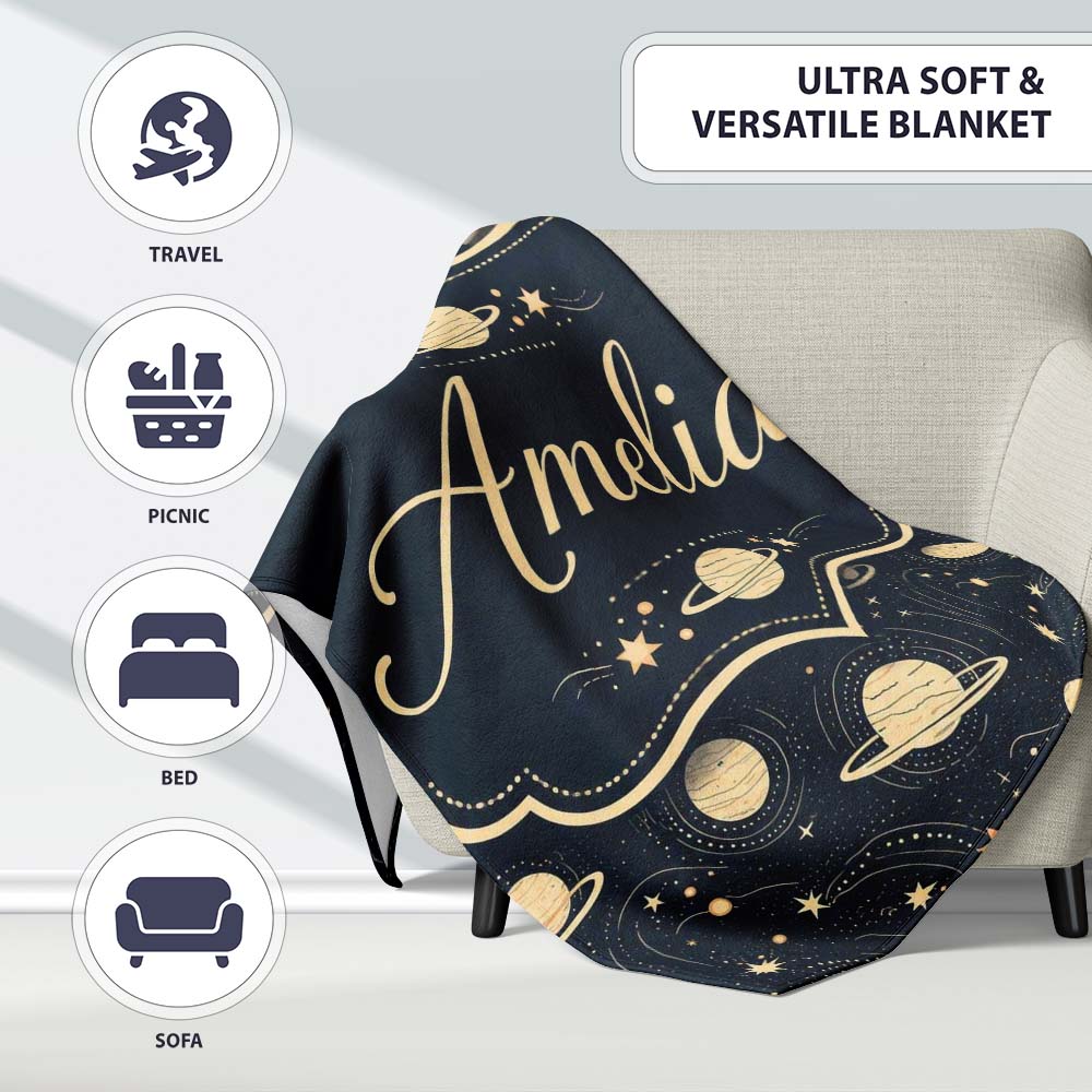 Celestial Planets Stars Orbit Line Art Seamless Pattern Lovely Personalised Custom Name Super Soft Fleece Blanket Bed Sofa Throw