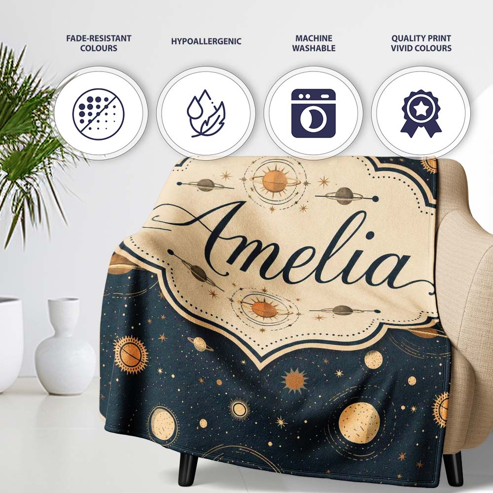 Solar System Space Objects Seamless Pattern Charming Decor Personalised Custom Name Super Soft Fleece Blanket Bed Sofa Throw