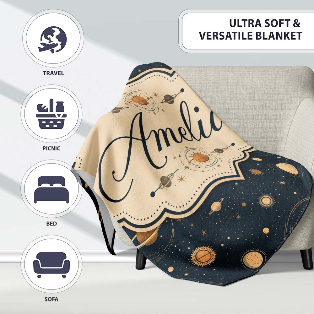 Solar System Space Objects Seamless Pattern Charming Decor Personalised Custom Name Super Soft Fleece Blanket Bed Sofa Throw