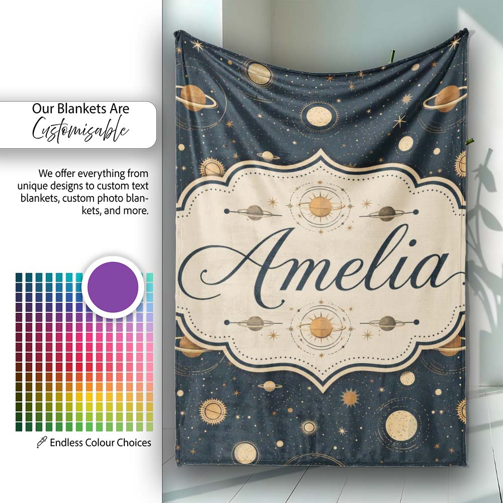 Solar System Space Objects Seamless Pattern Charming Decor Personalised Custom Name Super Soft Fleece Blanket Bed Sofa Throw