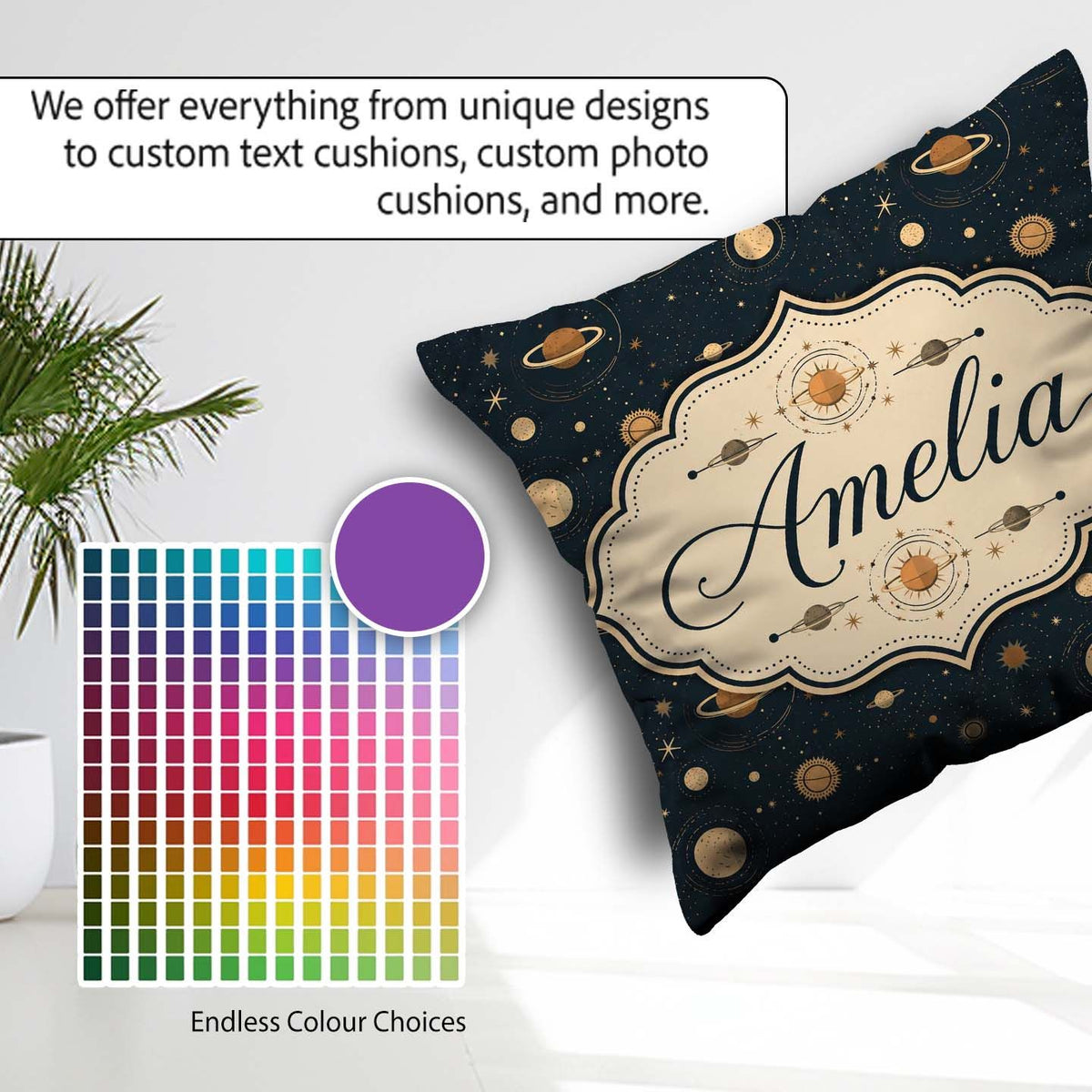Custom Name Solar System Space Objects Seamless Pattern Decor Square Filled Cushion Throw Pillow Sofa Bed Home Decor Zip Washable UK Made