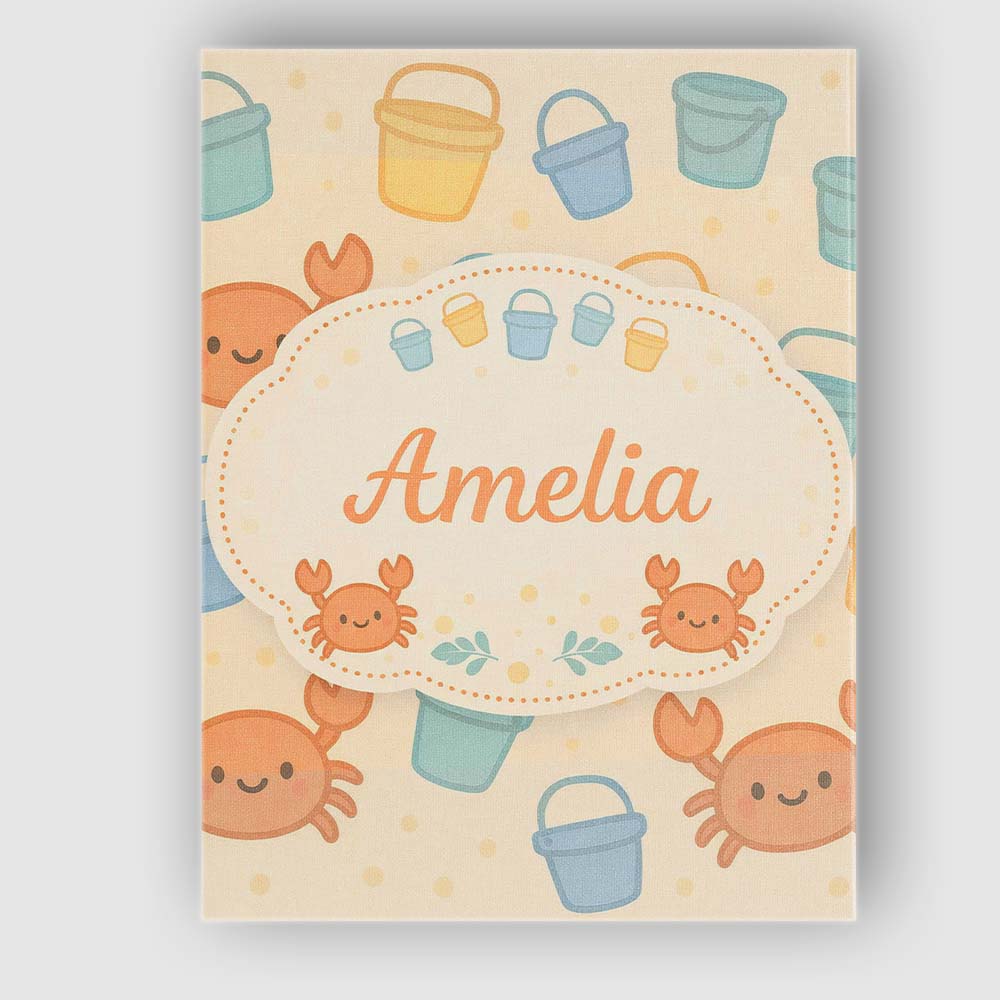 Personalised Name Cute Crab Bucket Beach Cartoon Animal Pattern Custom Statement Canvas Wall Art Print Decor Picture Ready to Hang