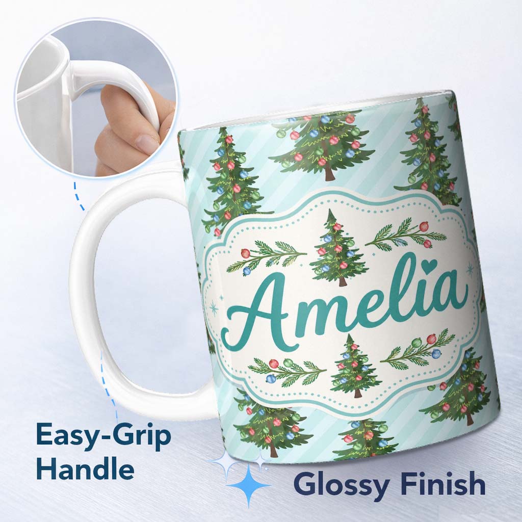 Personalized Custom Name Decorated Christmas Tree with Colorful Baubles on Blue Striped 11oz Ceramic Coffee Tea Mug White Large Handle