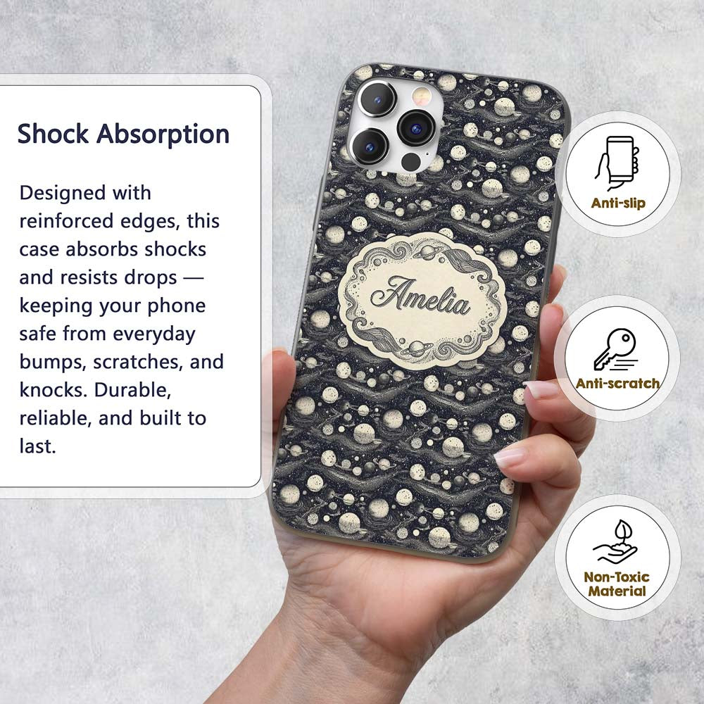 Vintage Space Planets Stars Dark Printed Design Custom Name Protective Phone Case Mobile Cover Durable Everyday Smartphone Shock Resistant