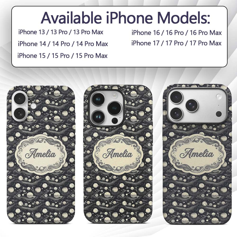 Vintage Space Planets Stars Dark Printed Design Custom Name Protective Phone Case Mobile Cover Durable Everyday Smartphone Shock Resistant