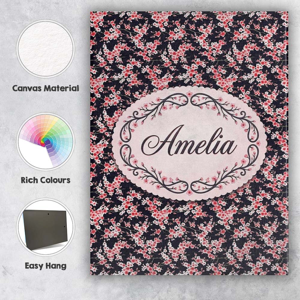 Personalised Name Pink Cherry Blossom Custom Modern Room Accent Creative Decorator Style Canvas Wall Art Print Decor Picture Ready to Hang