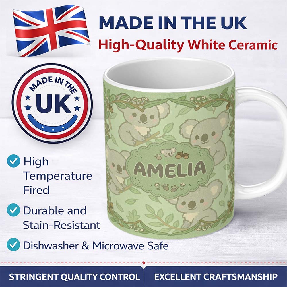 Personalized Custom Name Cute Koala Cartoon Animal Pattern Thoughtful Gift Idea Lovely 11oz Ceramic Coffee Tea Mug White Large Handle