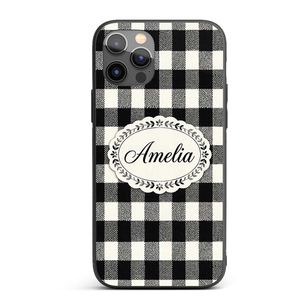 Micro Check Distortion Black Cream Printed Design Custom Name Protective Phone Case Mobile Cover Durable Everyday Smartphone Shock Resistant