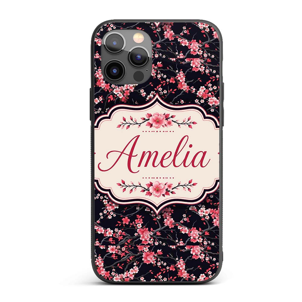 Japanese Sakura Blossom Branches Dark Elegant Custom Name Protective Phone Case Mobile Cover Durable Everyday Smartphone Shock Resistant