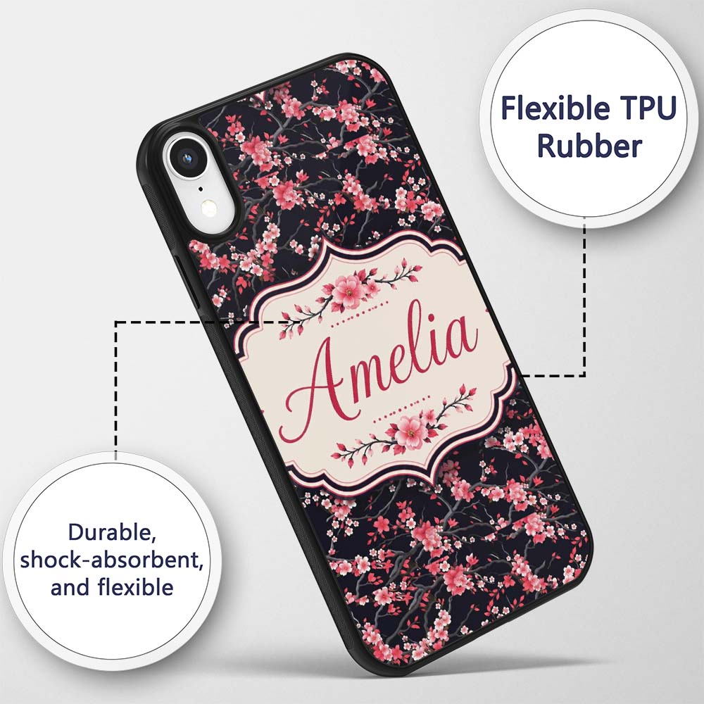 Japanese Sakura Blossom Branches Dark Elegant Custom Name Protective Phone Case Mobile Cover Durable Everyday Smartphone Shock Resistant