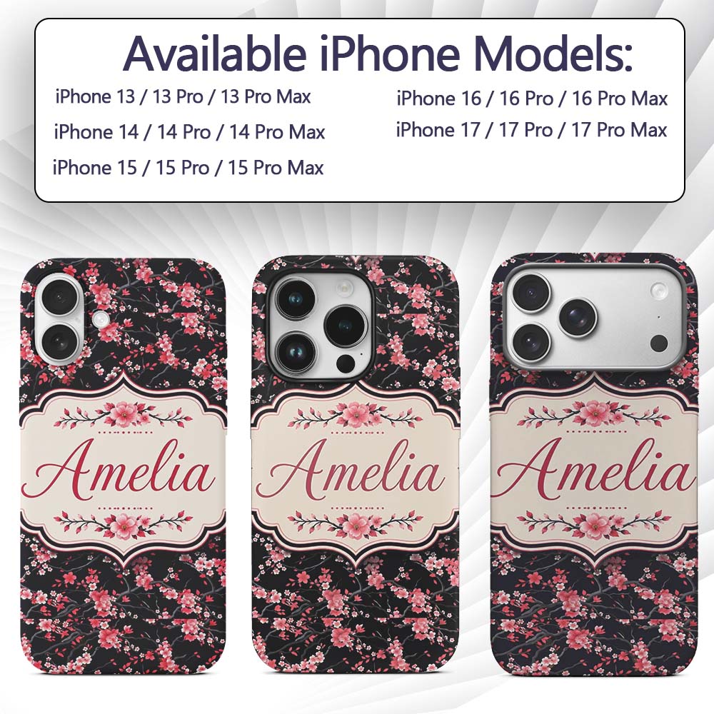 Japanese Sakura Blossom Branches Dark Elegant Custom Name Protective Phone Case Mobile Cover Durable Everyday Smartphone Shock Resistant