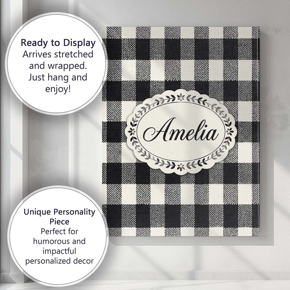 Personalised Name Micro Check Distortion Black Cream Optical Pattern Custom Home Canvas Wall Art Print Decor Picture Ready to Hang