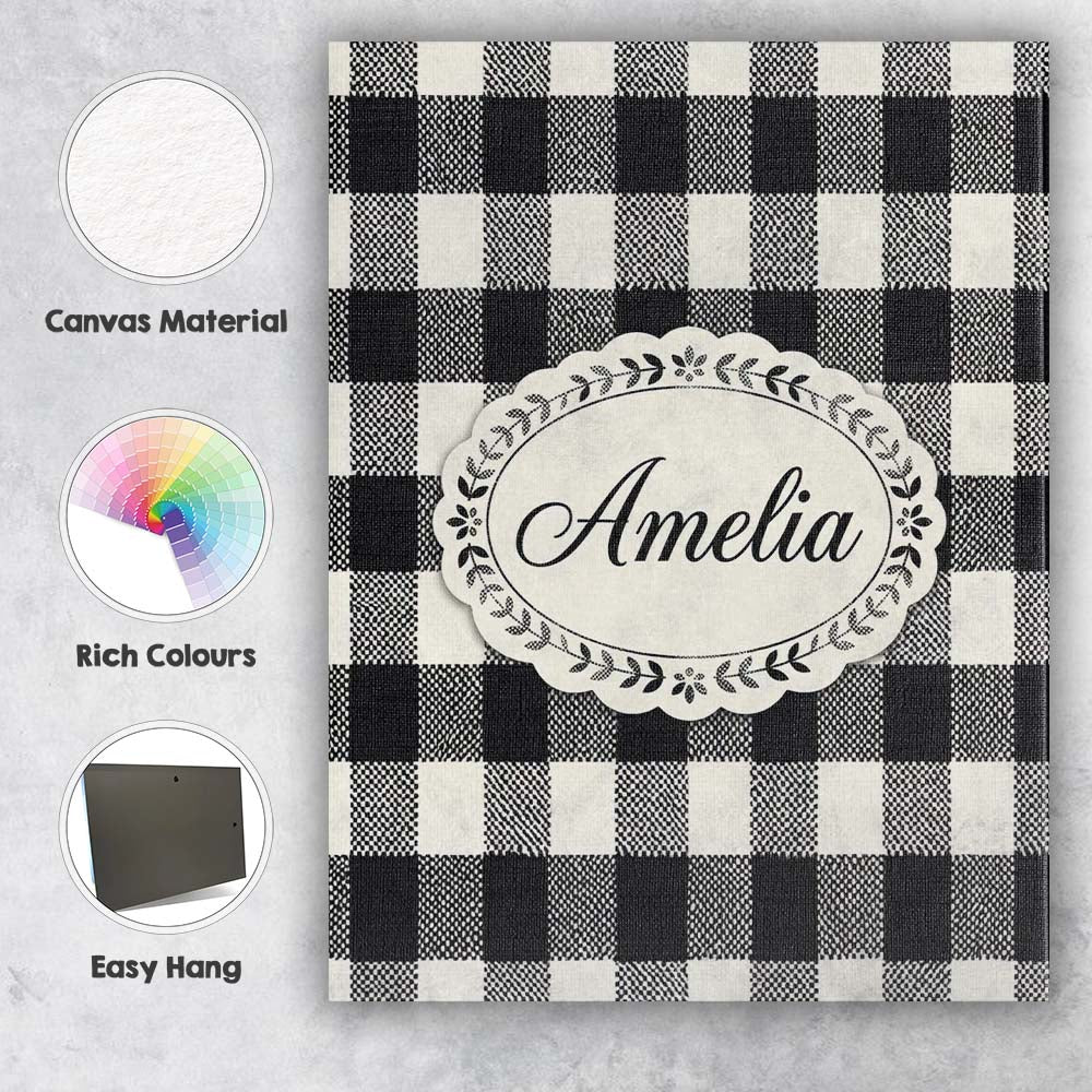 Personalised Name Micro Check Distortion Black Cream Optical Pattern Custom Home Canvas Wall Art Print Decor Picture Ready to Hang