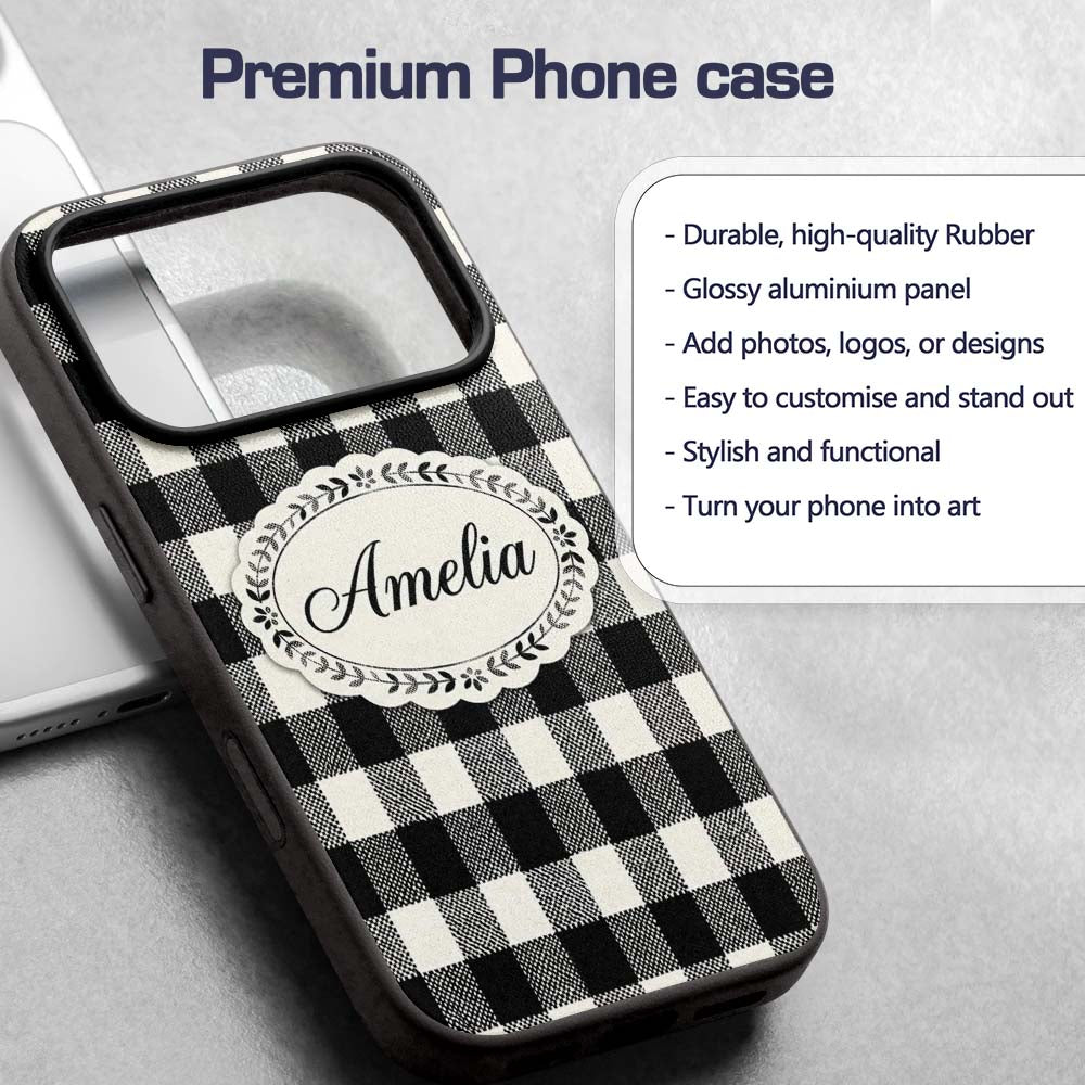 Micro Check Distortion Black Cream Printed Design Custom Name Protective Phone Case Mobile Cover Durable Everyday Smartphone Shock Resistant