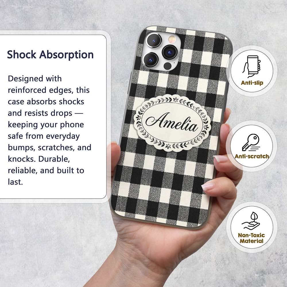 Micro Check Distortion Black Cream Printed Design Custom Name Protective Phone Case Mobile Cover Durable Everyday Smartphone Shock Resistant