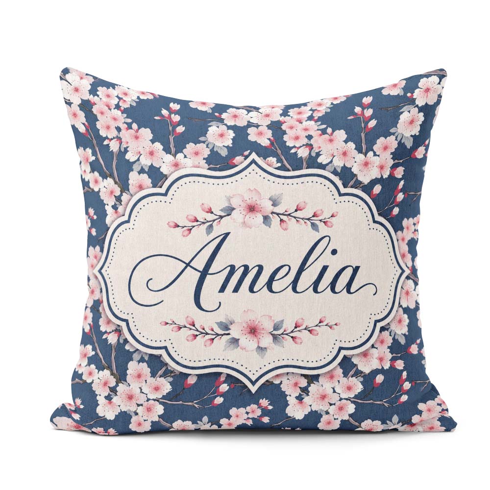 Custom Name Soft Sakura Flower Branches Blue Background Seamless Square Filled Cushion Throw Pillow Sofa Bed Home Decor Zip Washable UK Made