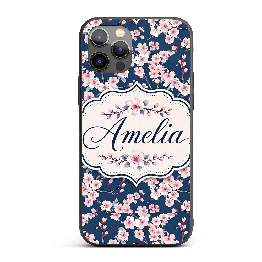 Soft Sakura Flower Branches Blue Printed Design Custom Name Protective Phone Case Mobile Cover Durable Everyday Smartphone Shock Resistant