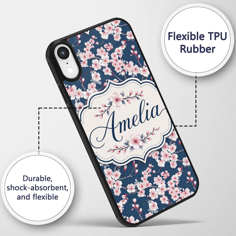 Soft Sakura Flower Branches Blue Printed Design Custom Name Protective Phone Case Mobile Cover Durable Everyday Smartphone Shock Resistant