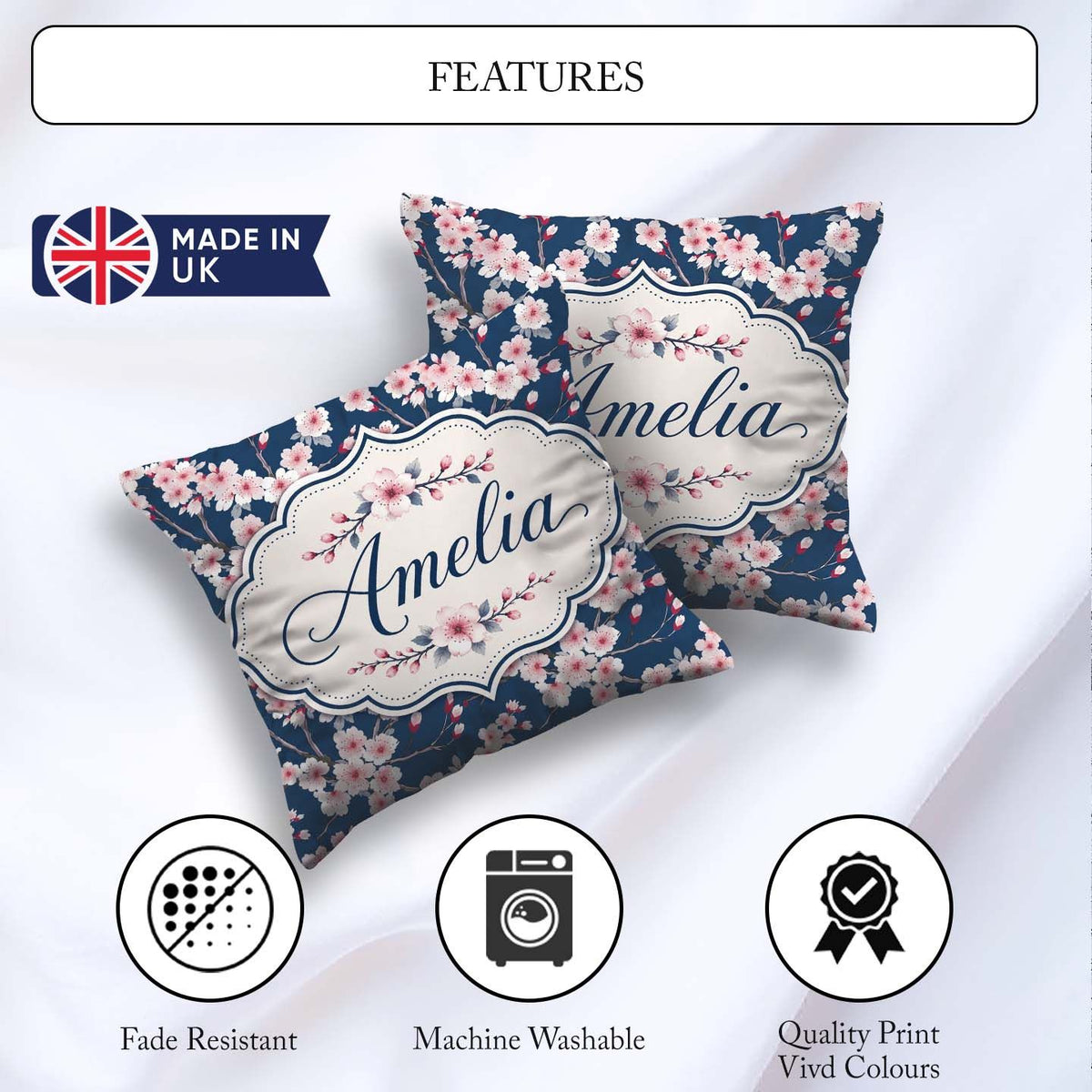 Custom Name Soft Sakura Flower Branches Blue Background Seamless Square Filled Cushion Throw Pillow Sofa Bed Home Decor Zip Washable UK Made