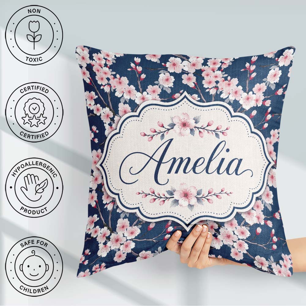 Custom Name Soft Sakura Flower Branches Blue Background Seamless Square Filled Cushion Throw Pillow Sofa Bed Home Decor Zip Washable UK Made