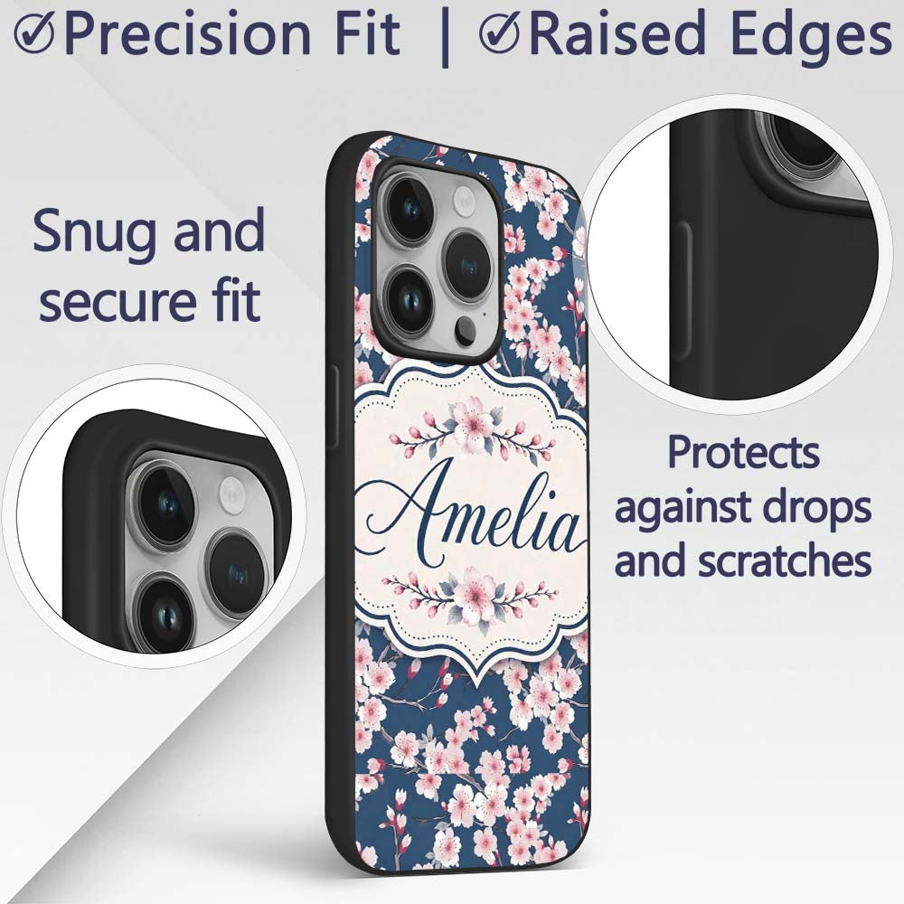 Soft Sakura Flower Branches Blue Printed Design Custom Name Protective Phone Case Mobile Cover Durable Everyday Smartphone Shock Resistant