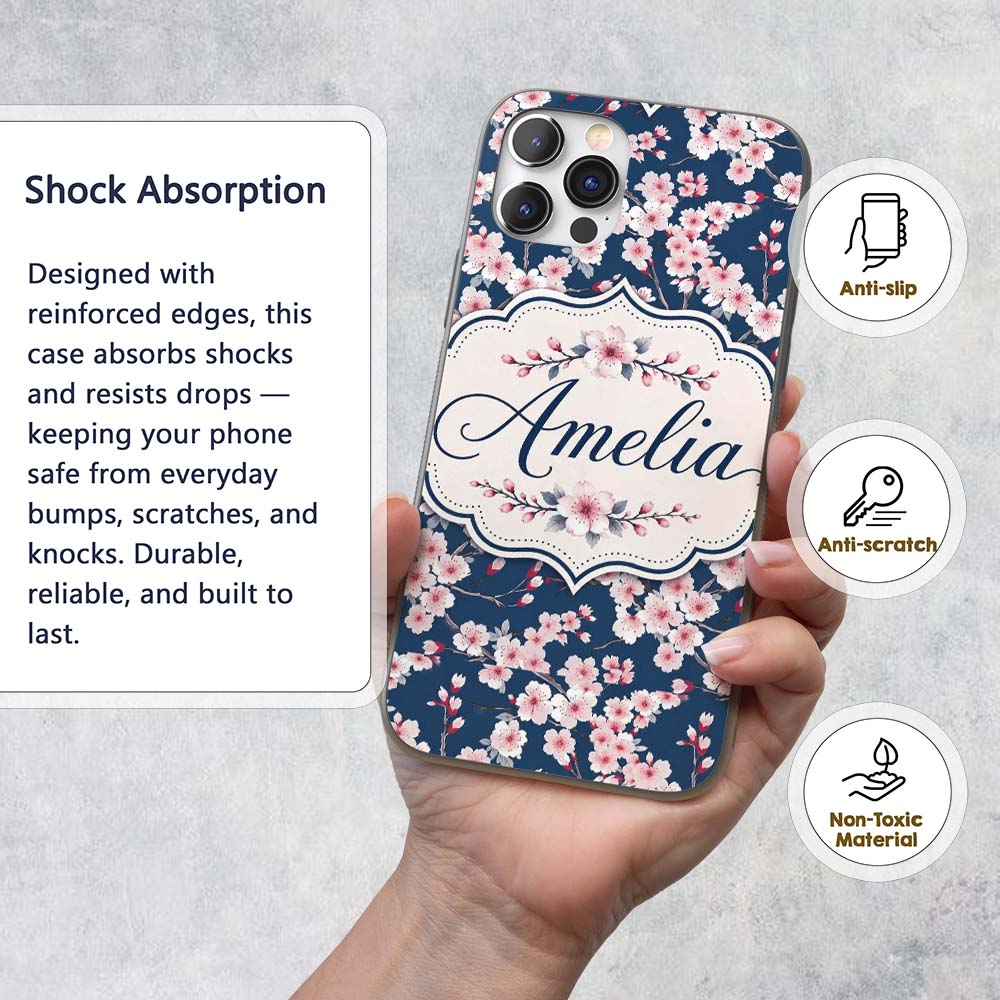 Soft Sakura Flower Branches Blue Printed Design Custom Name Protective Phone Case Mobile Cover Durable Everyday Smartphone Shock Resistant