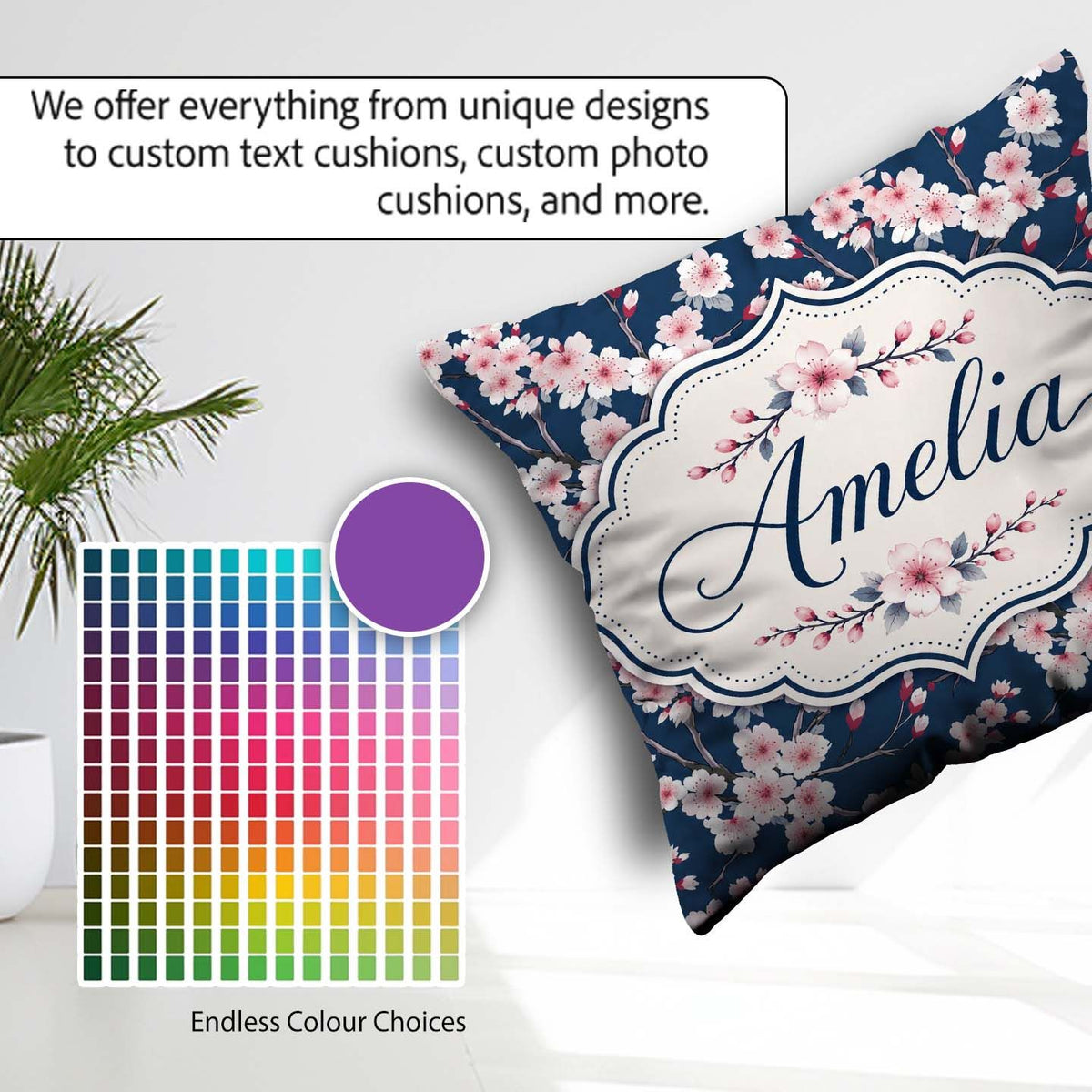 Custom Name Soft Sakura Flower Branches Blue Background Seamless Square Filled Cushion Throw Pillow Sofa Bed Home Decor Zip Washable UK Made