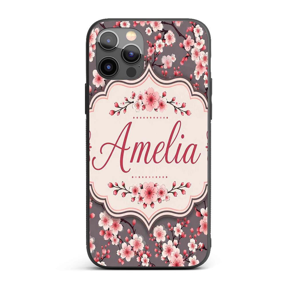 Cherry Blossom Branches Grey Background Elegant Custom Name Protective Phone Case Mobile Cover Durable Everyday Smartphone Shock Resistant