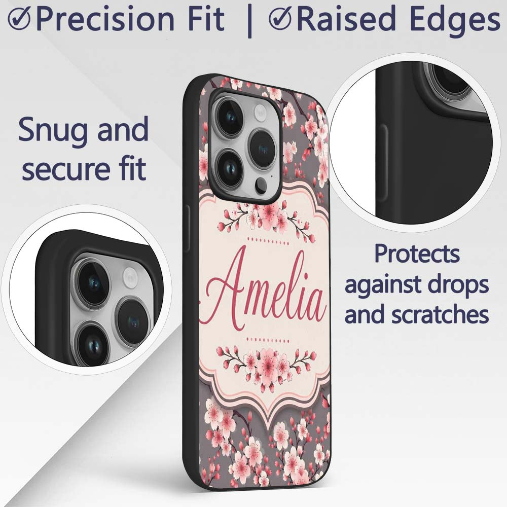 Cherry Blossom Branches Grey Background Elegant Custom Name Protective Phone Case Mobile Cover Durable Everyday Smartphone Shock Resistant