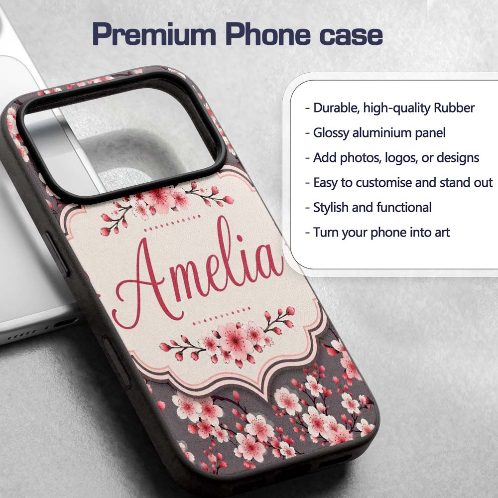 Cherry Blossom Branches Grey Background Elegant Custom Name Protective Phone Case Mobile Cover Durable Everyday Smartphone Shock Resistant