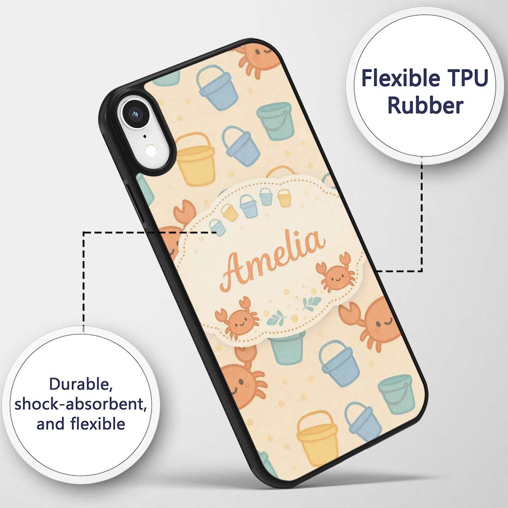 Cute Crab Bucket Beach Cartoon Animal Pattern Custom Name Protective Phone Case Mobile Cover Durable Everyday Smartphone Shock Resistant