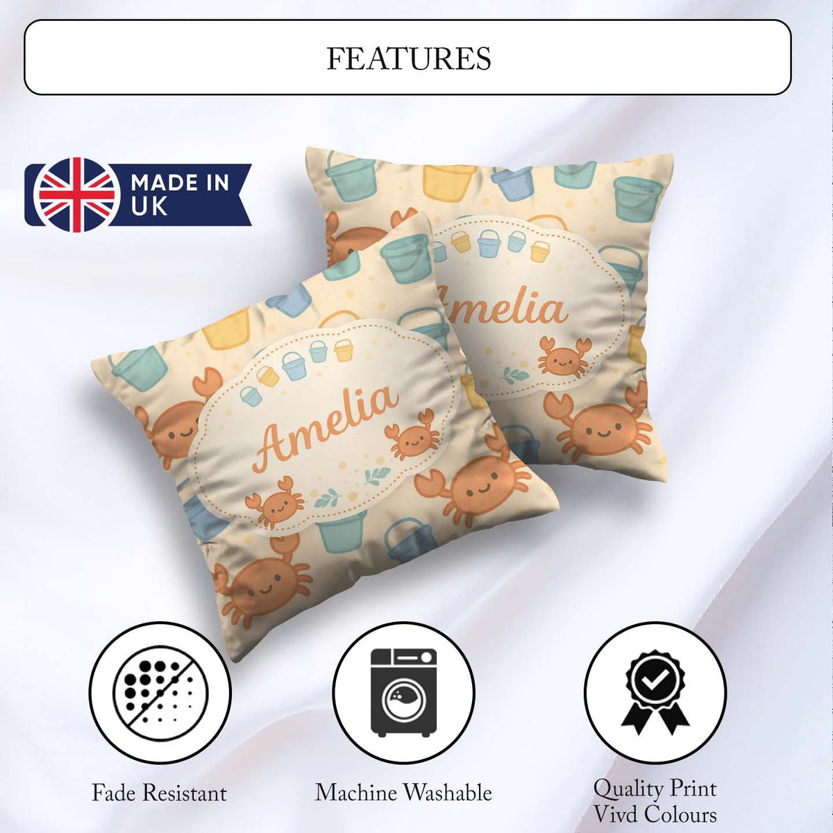 Custom Name Cute Crab Bucket Beach Cartoon Animal Pattern Cute Square Filled Cushion Throw Pillow Sofa Bed Home Decor Zip Washable UK Made
