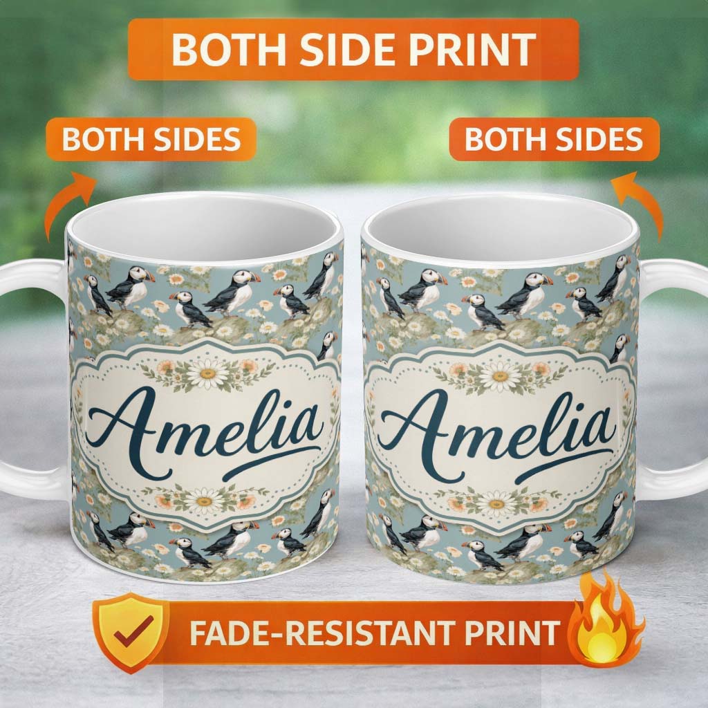 Personalized Custom Name Puffin Birds Perched on Cliff with Floral Details Seamless Pattern 11oz Ceramic Coffee Tea Mug White Large Handle