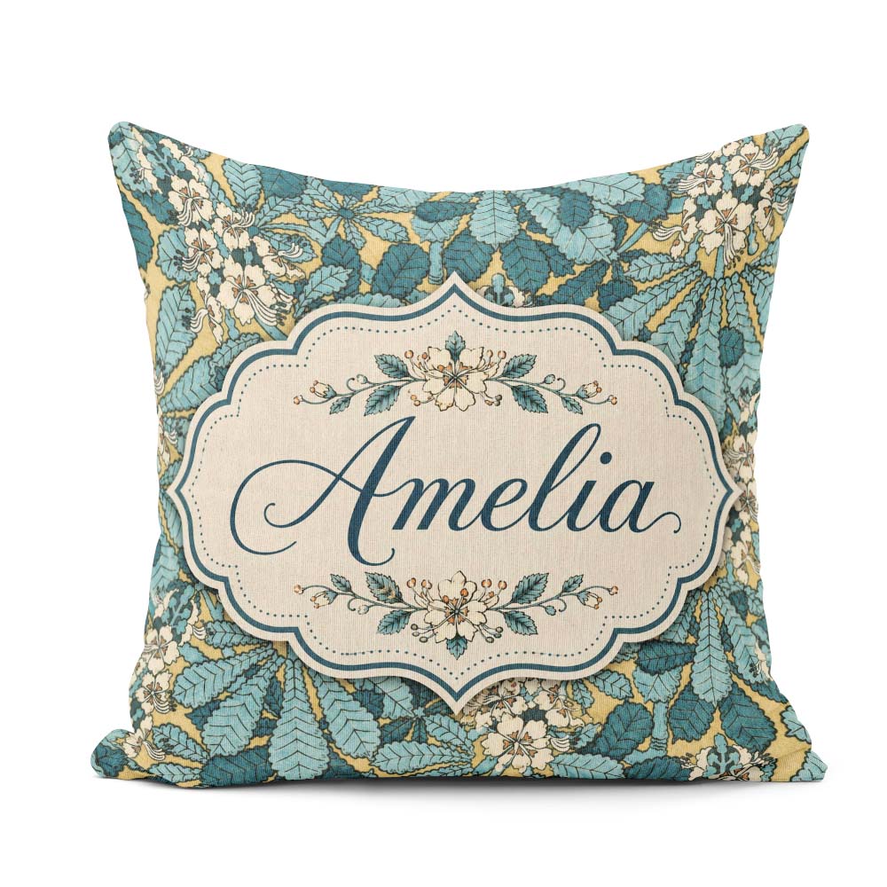 Custom Name Art Nouveau Botanical Leaves Floral Pattern Seamless Square Filled Cushion Throw Pillow Sofa Bed Home Decor Zip Washable UK Made