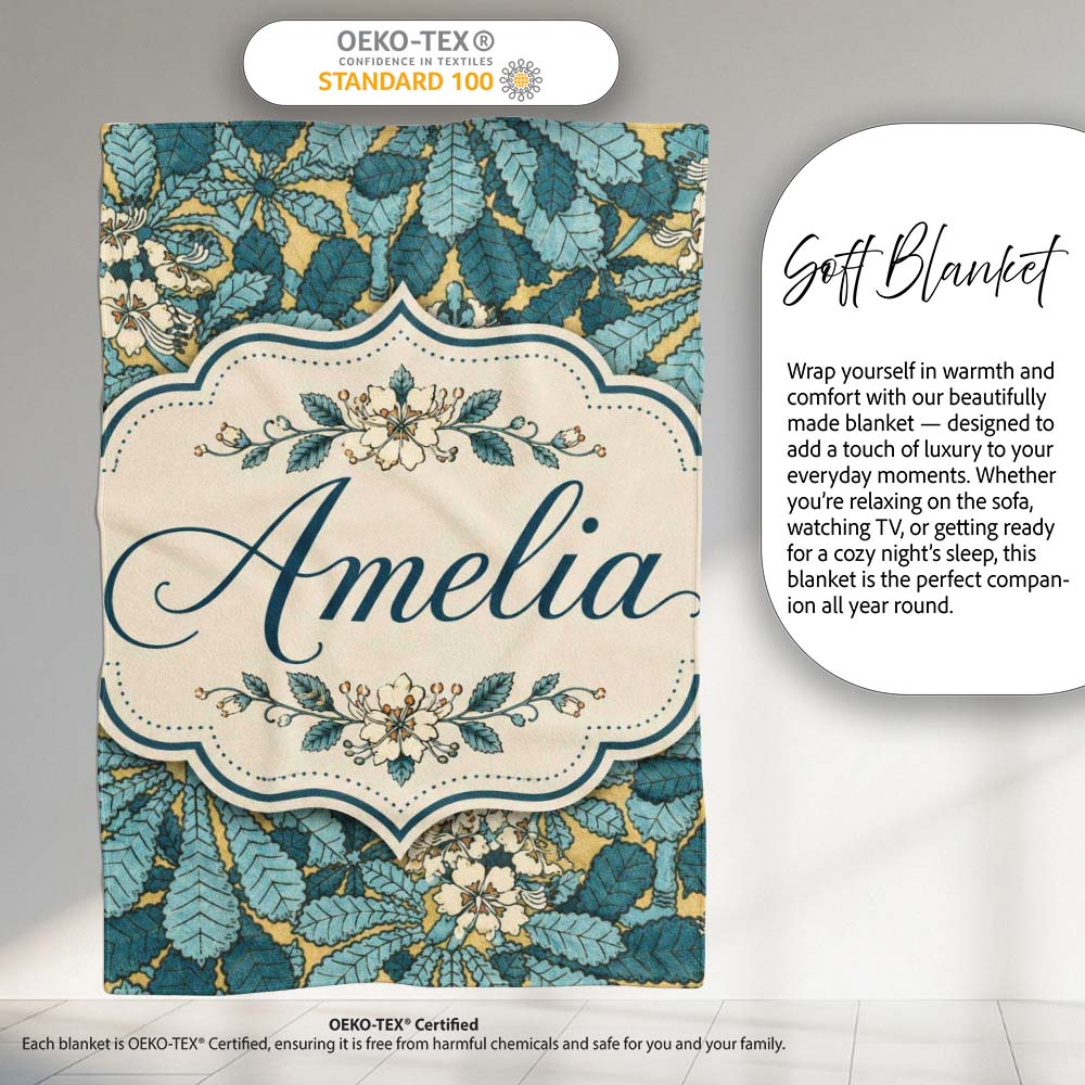 Art Nouveau Botanical Leaves Floral Pattern Seamless Pattern Lovely Personalised Custom Name Super Soft Fleece Blanket Bed Sofa Throw