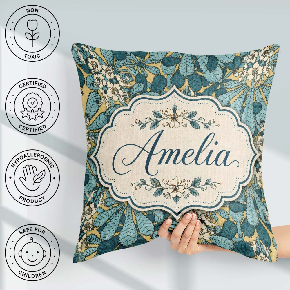 Custom Name Art Nouveau Botanical Leaves Floral Pattern Seamless Square Filled Cushion Throw Pillow Sofa Bed Home Decor Zip Washable UK Made