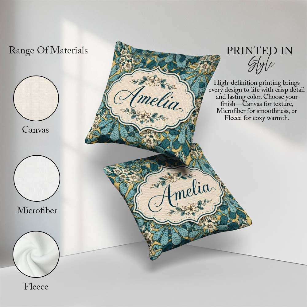 Custom Name Art Nouveau Botanical Leaves Floral Pattern Seamless Square Filled Cushion Throw Pillow Sofa Bed Home Decor Zip Washable UK Made