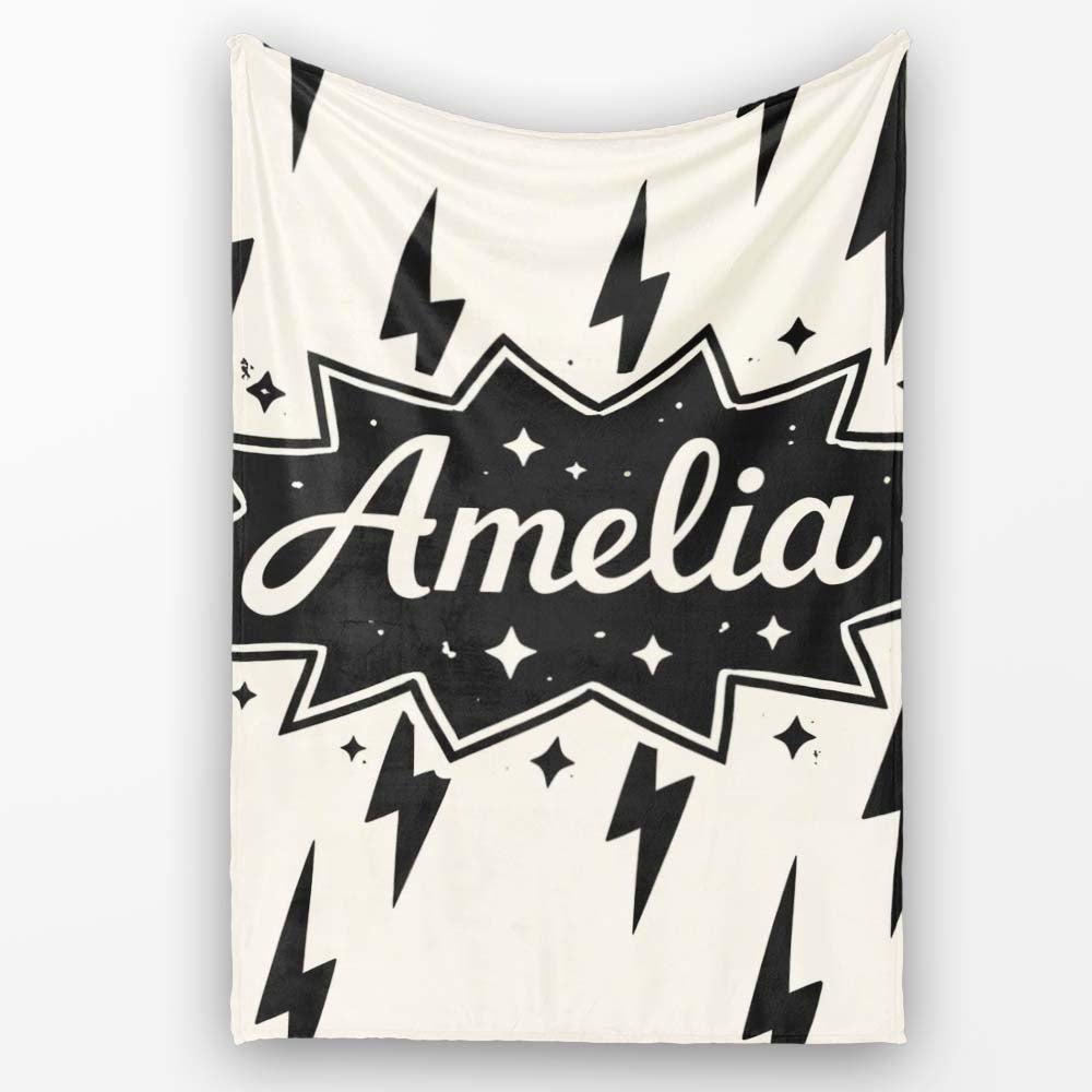 Minimal Lightning Bolt Black Cream Modern Graphic Pattern Lovely Personalised Custom Name Super Soft Fleece Blanket Bed Sofa Throw