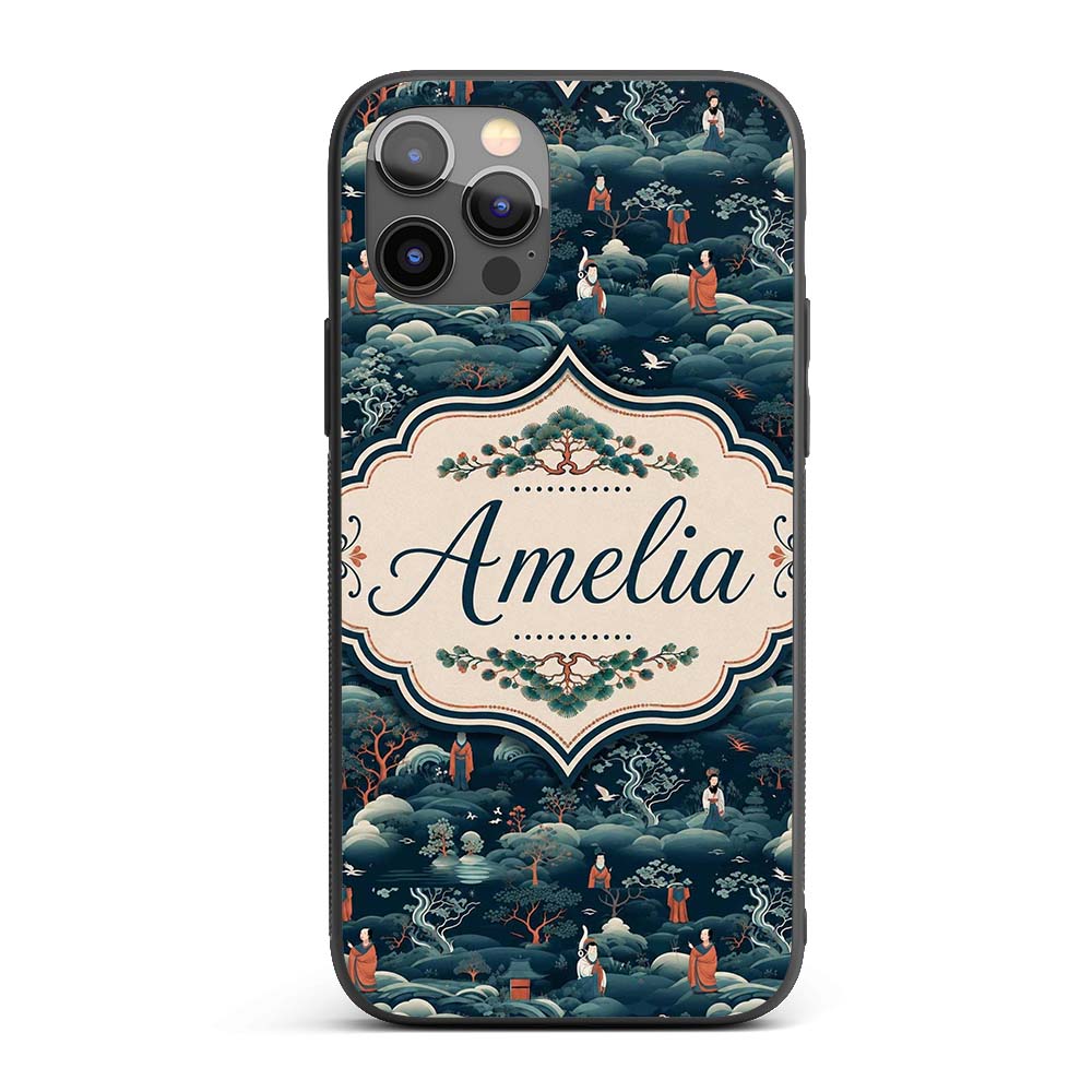 Japanese Landscape Scene with Figures and Trees Custom Name Protective Phone Case Mobile Cover Durable Everyday Smartphone Shock Resistant