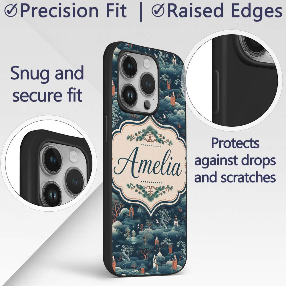 Japanese Landscape Scene with Figures and Trees Custom Name Protective Phone Case Mobile Cover Durable Everyday Smartphone Shock Resistant