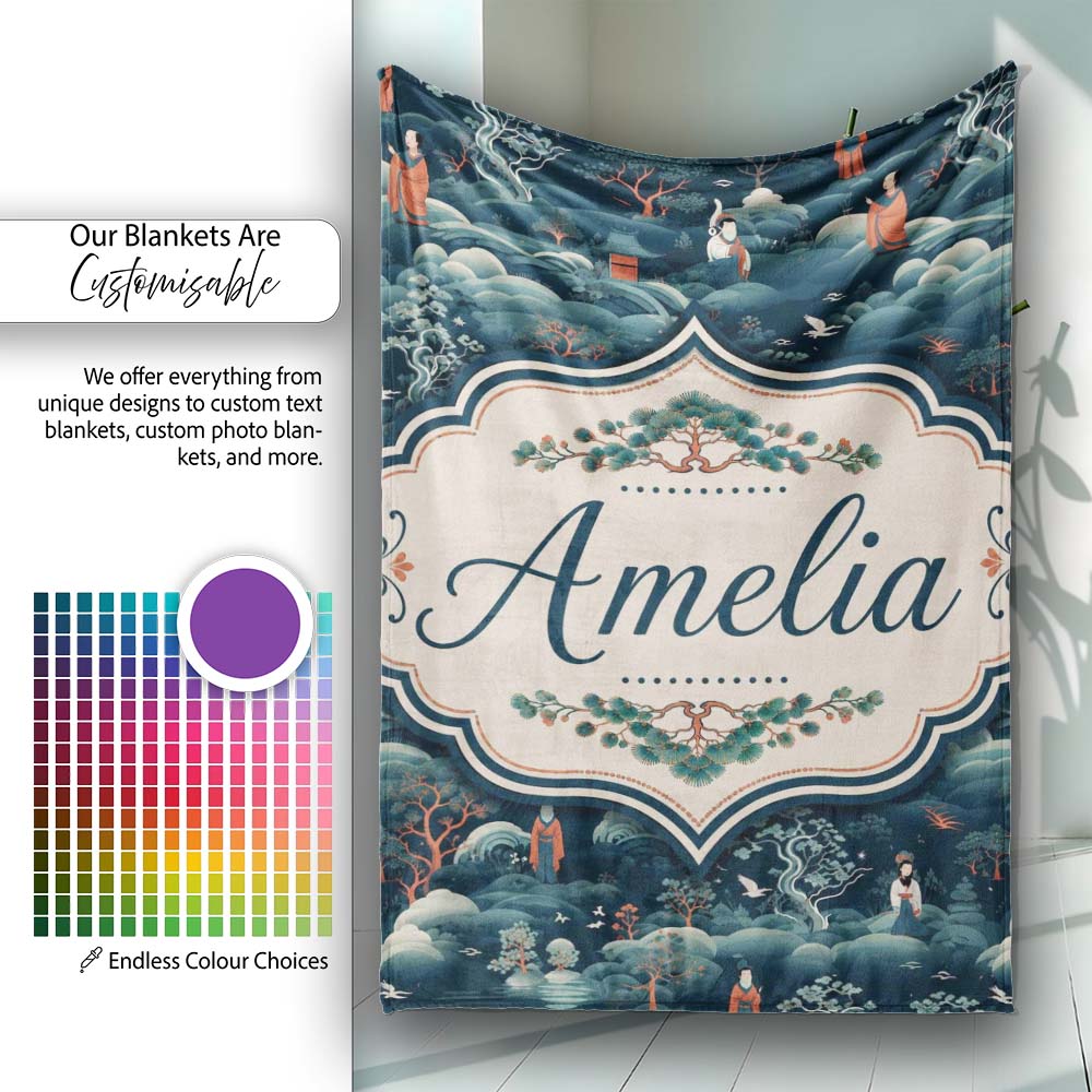 Japanese Landscape Scene with Figures and Trees Seamless Pattern Personalised Custom Name Super Soft Fleece Blanket Bed Sofa Throw