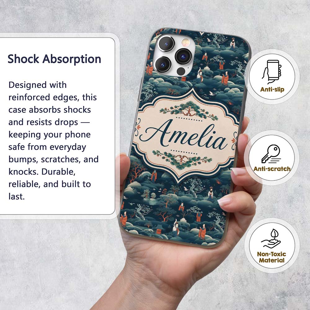 Japanese Landscape Scene with Figures and Trees Custom Name Protective Phone Case Mobile Cover Durable Everyday Smartphone Shock Resistant