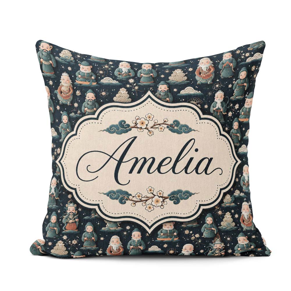 Custom Name Cute Asian Elder Traditional Theme Seamless Pattern Square Filled Cushion Throw Pillow Sofa Bed Home Decor Zip Washable UK Made