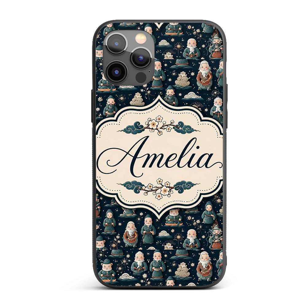 Cute Asian Elder Characters Traditional Theme Custom Name Protective Phone Case Mobile Cover Durable Everyday Smartphone Shock Resistant