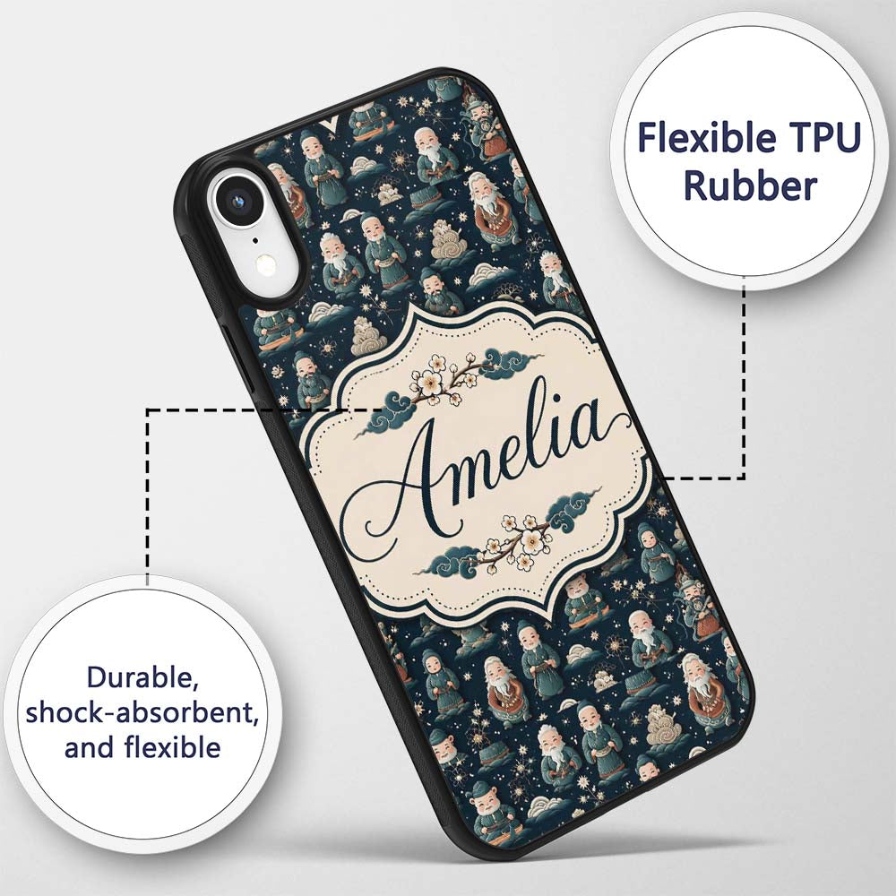 Cute Asian Elder Characters Traditional Theme Custom Name Protective Phone Case Mobile Cover Durable Everyday Smartphone Shock Resistant