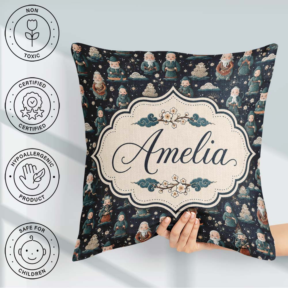 Custom Name Cute Asian Elder Traditional Theme Seamless Pattern Square Filled Cushion Throw Pillow Sofa Bed Home Decor Zip Washable UK Made