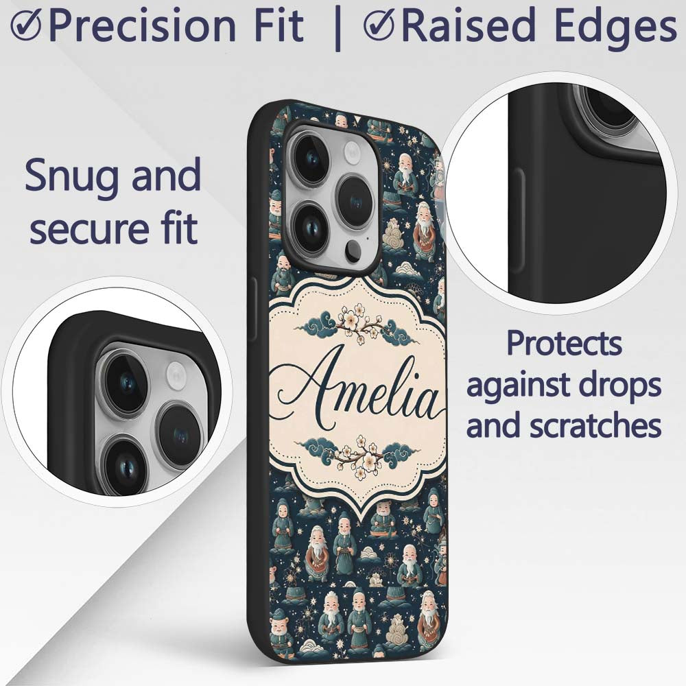 Cute Asian Elder Characters Traditional Theme Custom Name Protective Phone Case Mobile Cover Durable Everyday Smartphone Shock Resistant