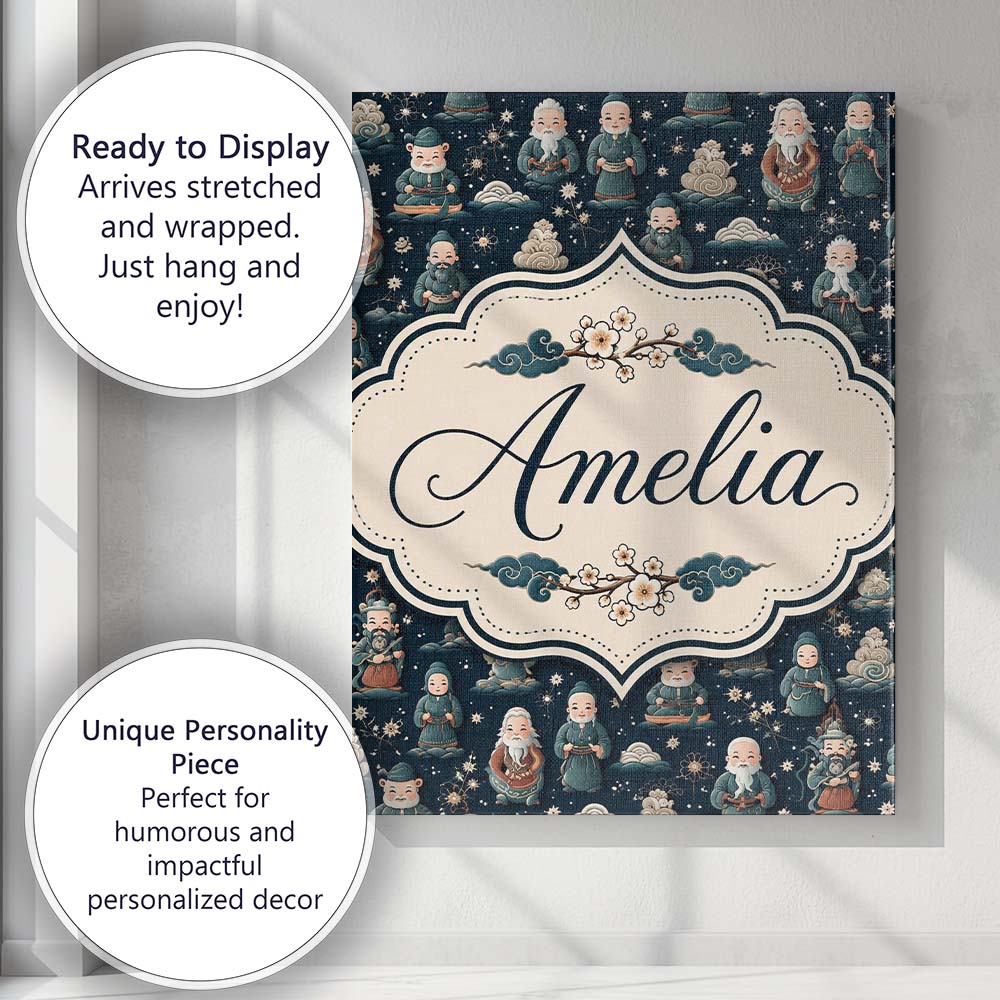 Personalised Name Cute Asian Elder Characters Custom Unique Gift Idea Modern Room Accent Canvas Wall Art Print Decor Picture Ready to Hang
