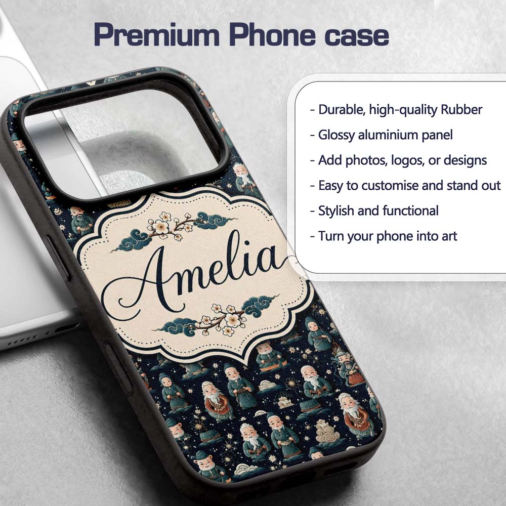 Cute Asian Elder Characters Traditional Theme Custom Name Protective Phone Case Mobile Cover Durable Everyday Smartphone Shock Resistant